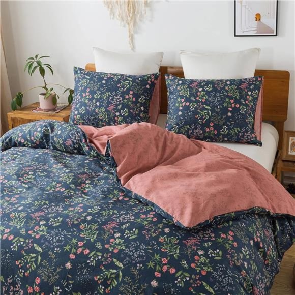 Queen Duvet Cover Set - 100% Cotton Floral Duvet Soft & Breathable with Zipper - Picture 5 of 8